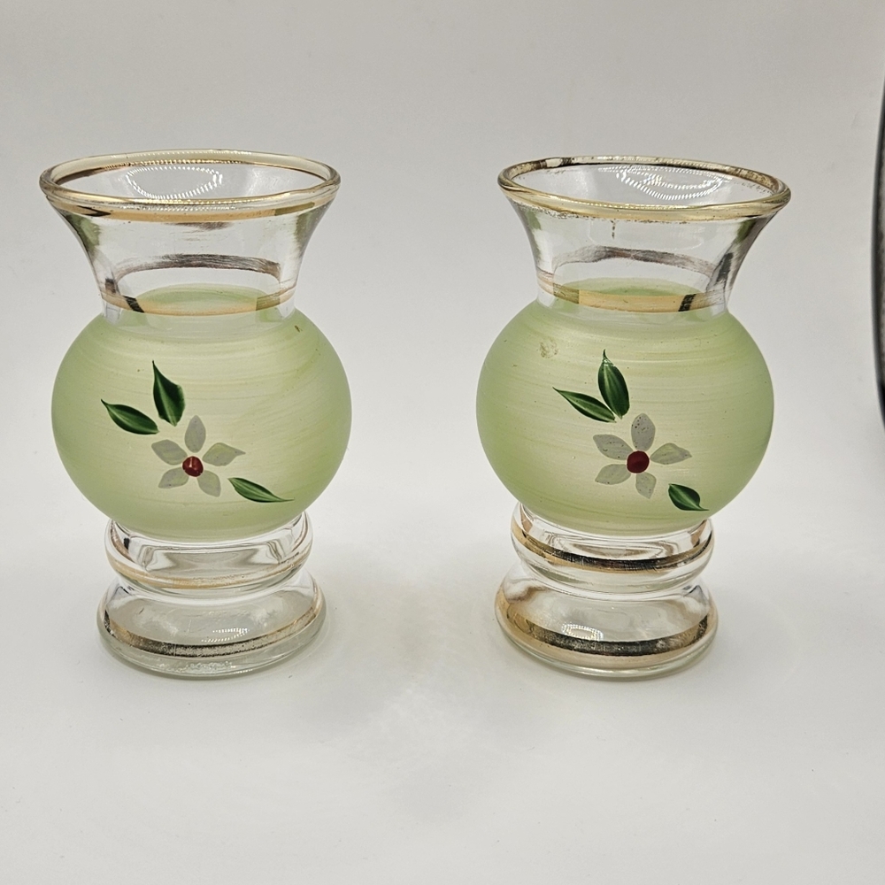 Vintage Bartlett Collins Frosted Green Satin Glass Bud Vases Set of 2 Hand Paint